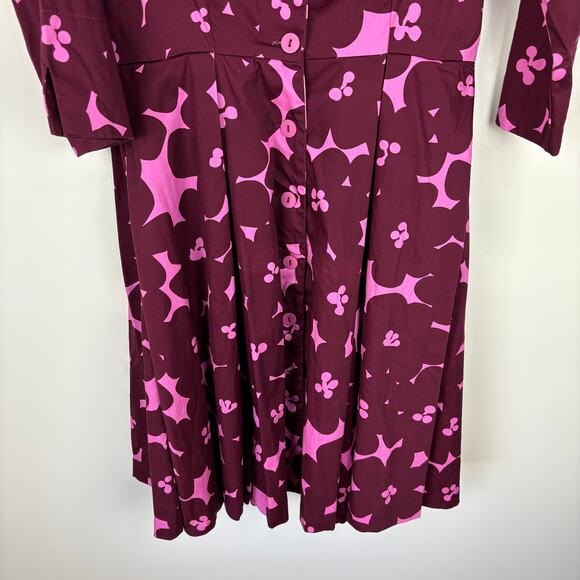 Lesley Evers Grace Dress in Magenta Blooms Cotton Large Fit Flare 3/4 sleeve - Picture 4 of 9